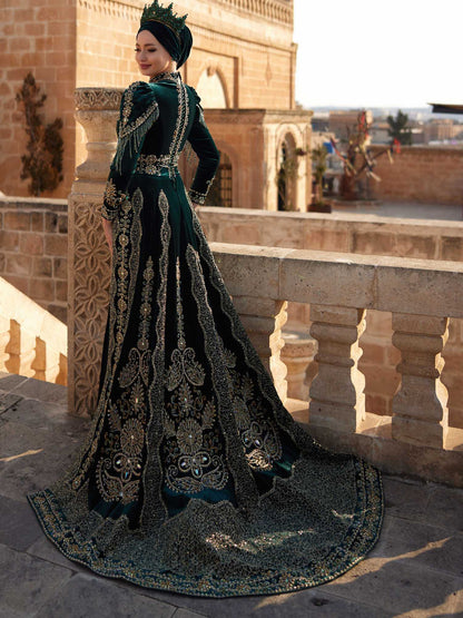 Sequin Hand Embroidered Mermaid Hijab Wedding Party Formal Evening Dress