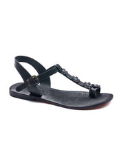 Flower Strapped Black Leather Women Sandals